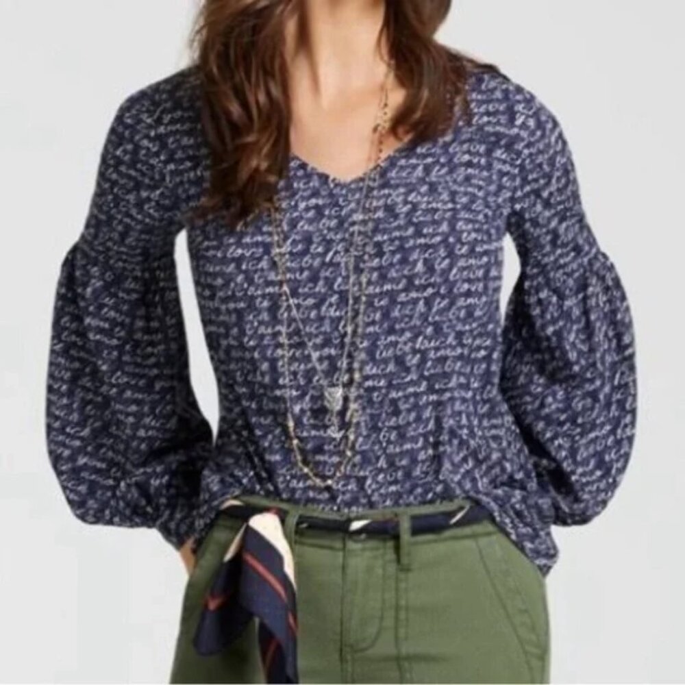CAbi 5336 Te Amo Love Print Shirt Blouse XL Long Sleeve Lightweight V-neck